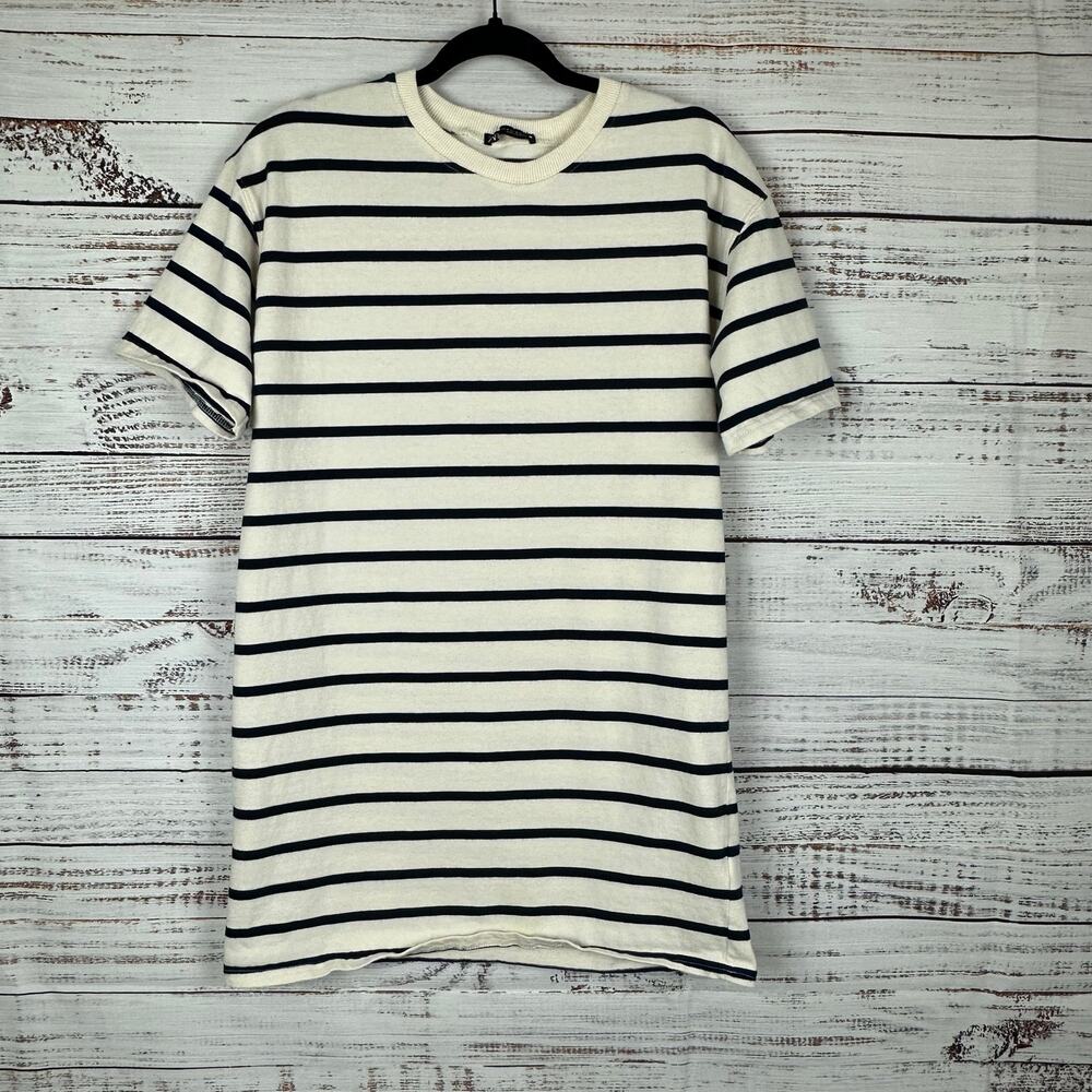 ZARA Cream & Navy Blue Stripe Cotton Knit T Shirt Mini Dress Casual Womens Sz M